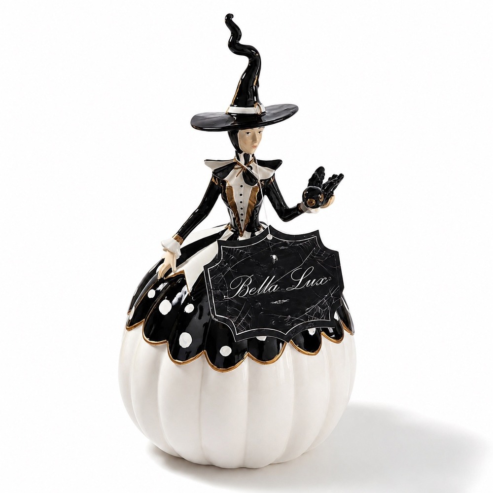 Bella Lux Black & White Polka Dot Pumpkin Witch Figurine w/ Owl